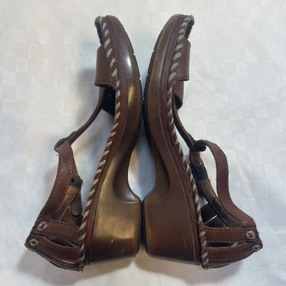 Ariat Shalimar Boho Brown Leather T-Strap Wedge Sandals Womens‎ 7.5 UK 5 EU 38.5